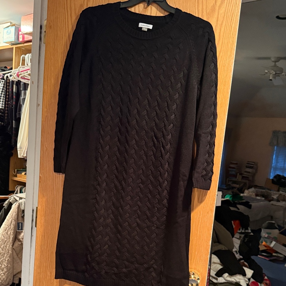 Calvin Klein Black Textured Long Sleeve Dress